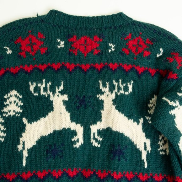Eddie Bauer Reindeer Wool Sweater Green Nordic Christmas Vintage - Picture 8 of 12